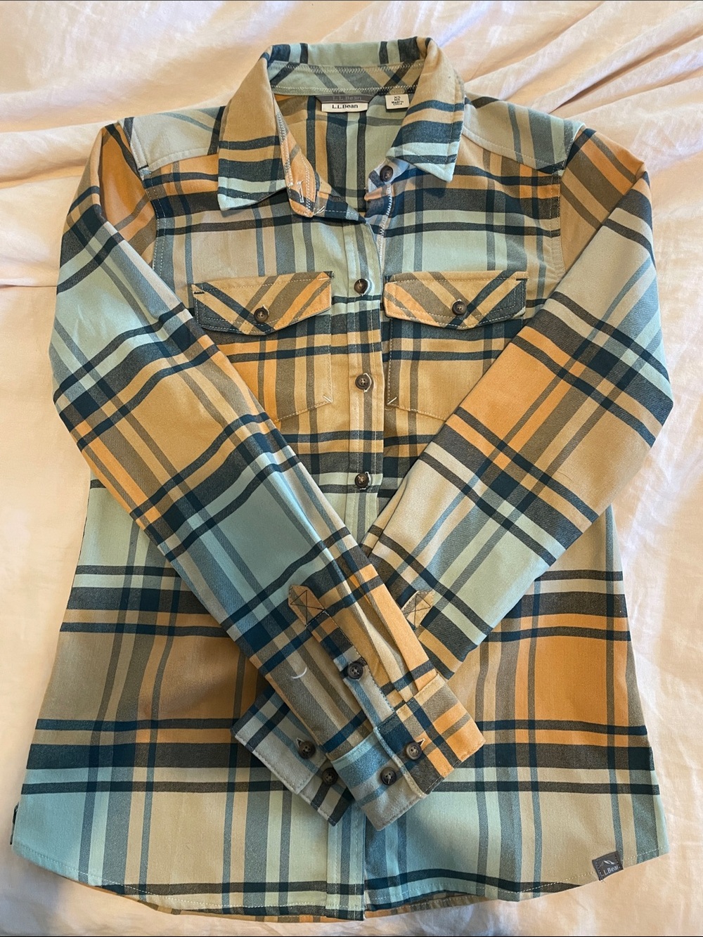 L.L. Bean Women’s Plaid Button-Down Shirt in Light Aqua & Mustard